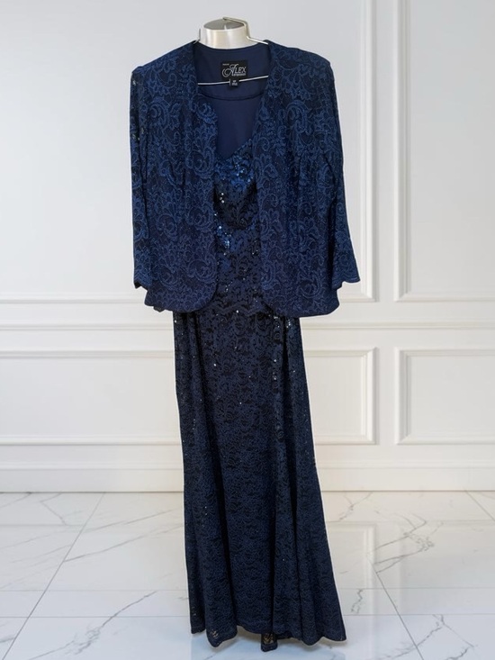 Alex Evenings Dresses & Skirts - Alex Evenings Navy Beaded Lace Evening Gown with Jacket